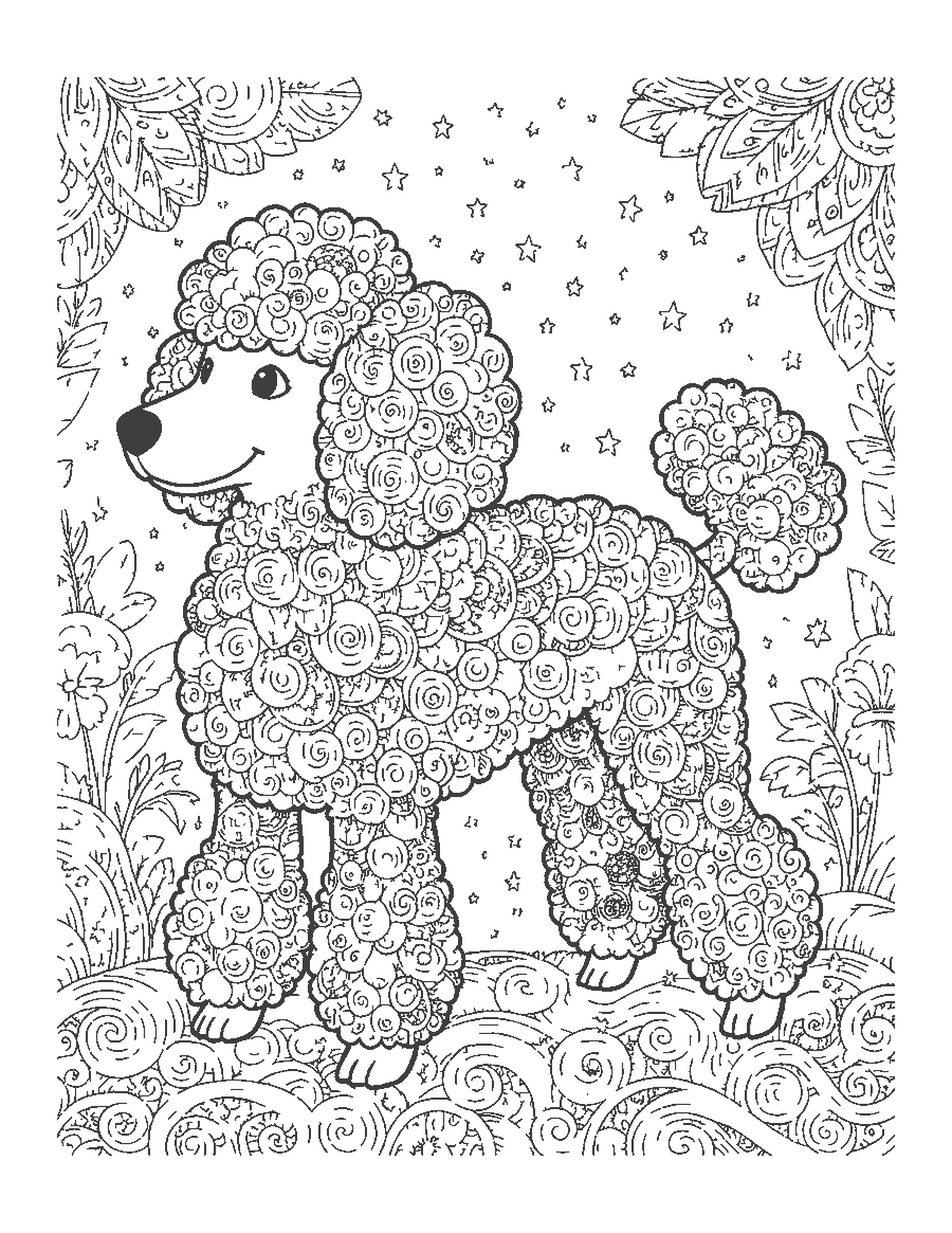 Line drawing of a standing poodle whose fluffy fur sections are filled with doodle patterns