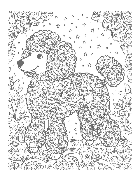 Line drawing of a standing poodle whose fluffy fur sections are filled with doodle patterns