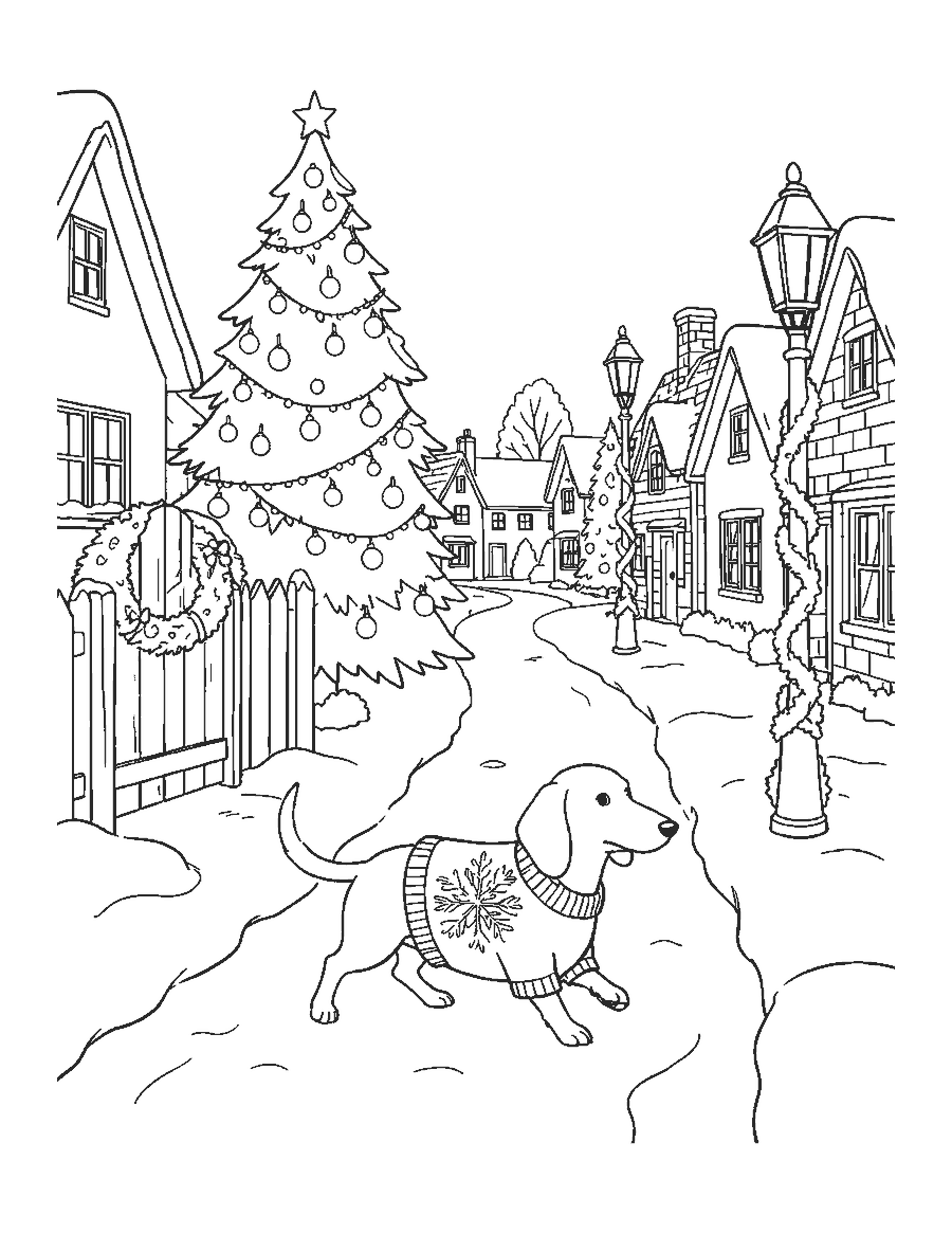 Line drawing of a dachshund in a sweater on a snowy lane with a decorated pine, a wreath and cottages