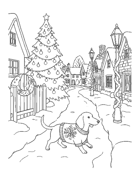Line drawing of a dachshund in a sweater on a snowy lane with a decorated pine, a wreath and cottages