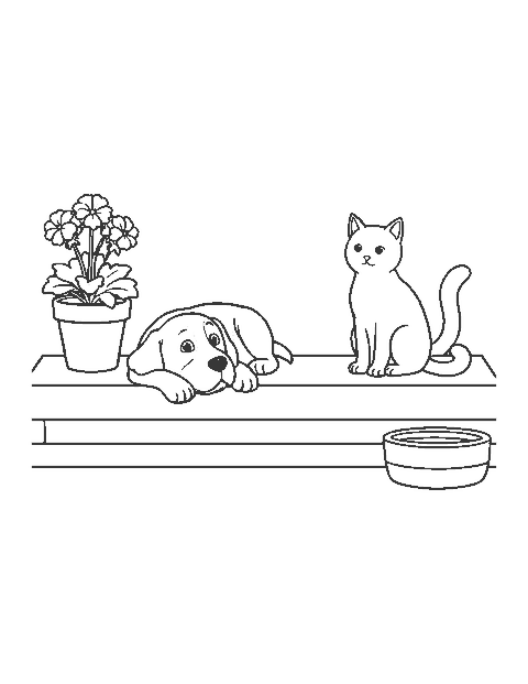 Line drawing of a dog lying and a cat sitting on a porch step beside a potted plant