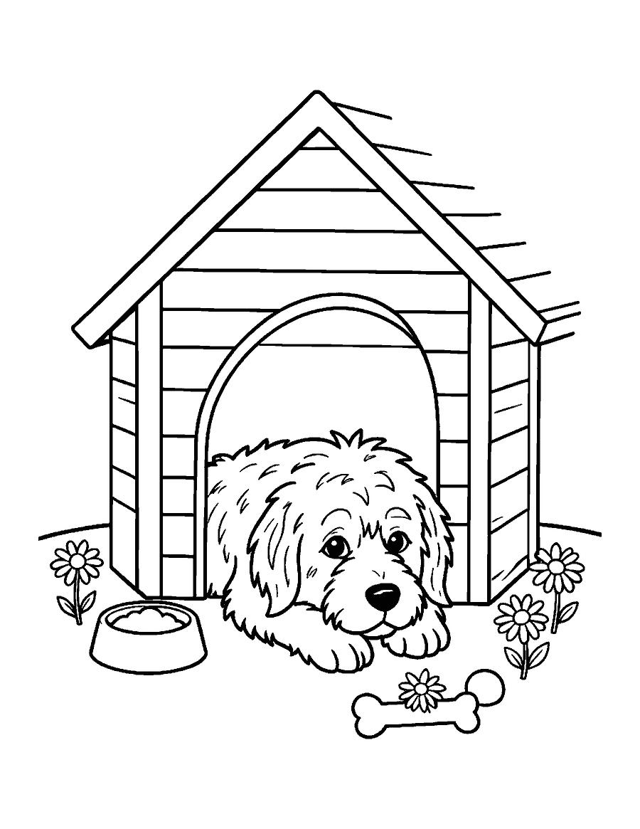 Line drawing of a shaggy dog resting in the doorway of a wooden doghouse beside a food bowl