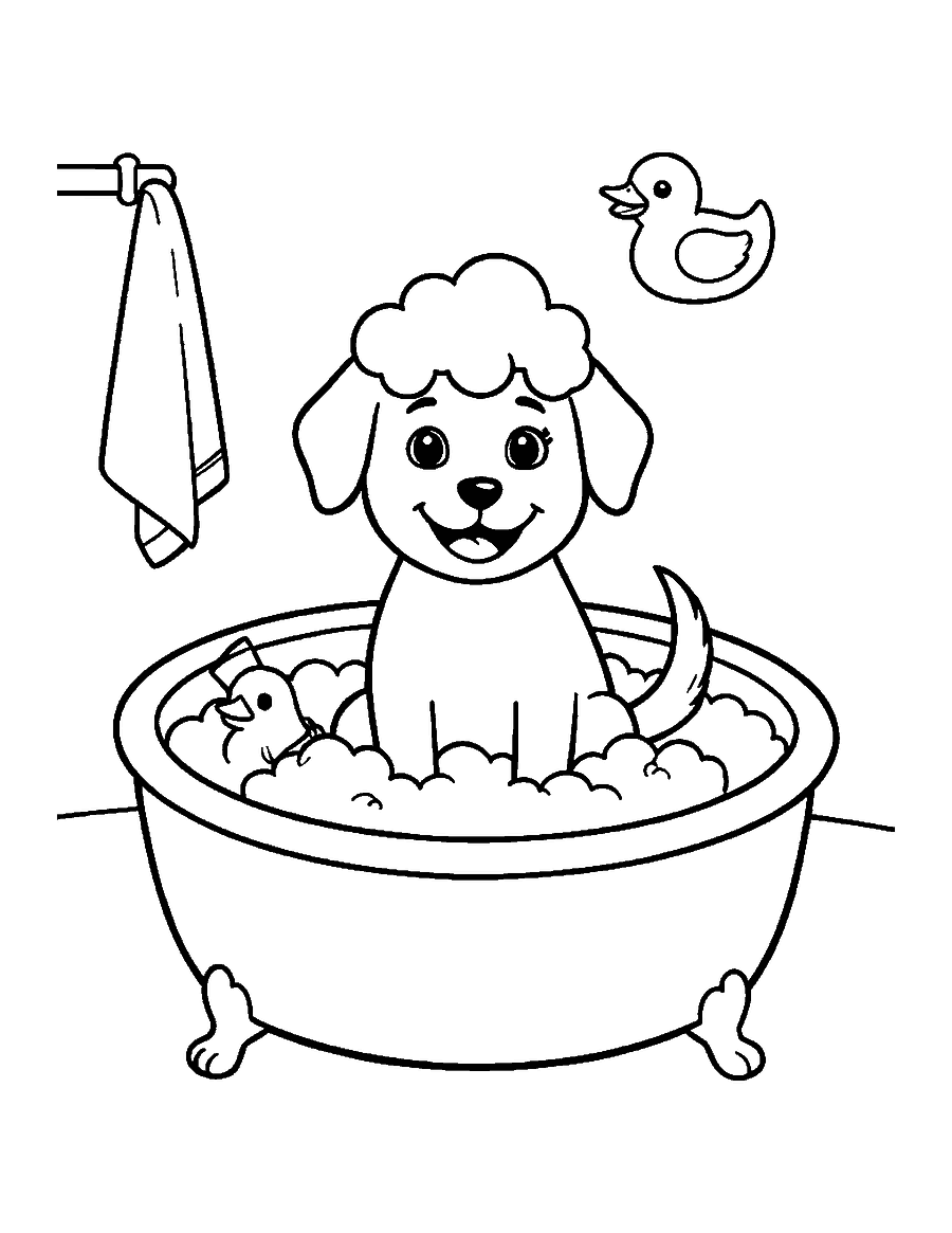 Line drawing of a dog in a bubble-filled bathtub with a rubber duck and a towel