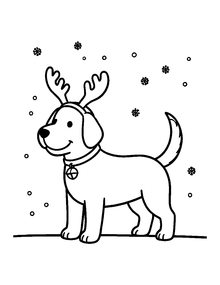 Line drawing of a terrier wearing a reindeer antler headband and a jingle bell collar