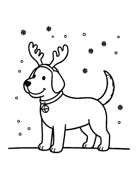 Line drawing of a terrier wearing a reindeer antler headband and a jingle bell collar