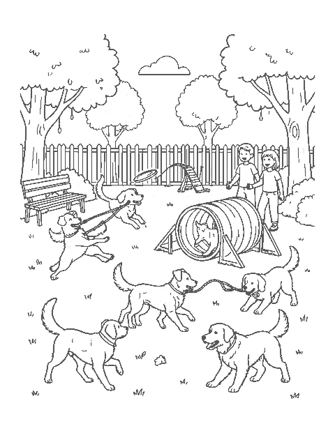 Line drawing of several dogs playing with a disc, a rope toy and a tunnel at a fenced dog park