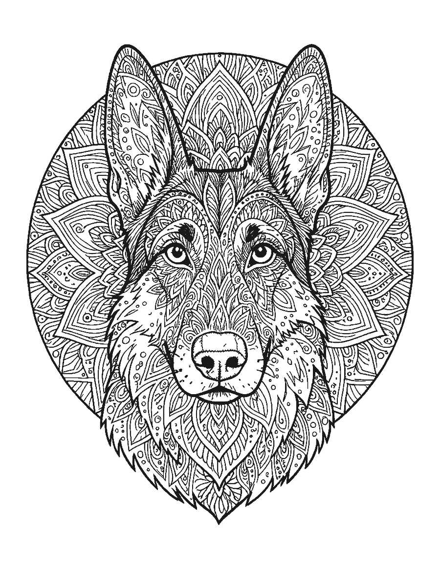 Line drawing of a German shepherd's head filled with mandala patterns in front of a round mandala