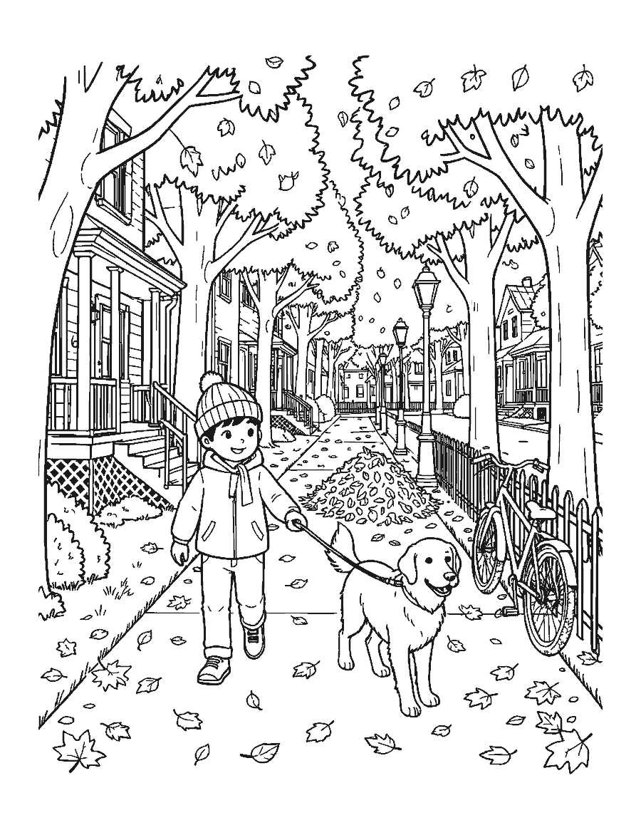 Line drawing of a boy walking a golden retriever along a leafy autumn sidewalk