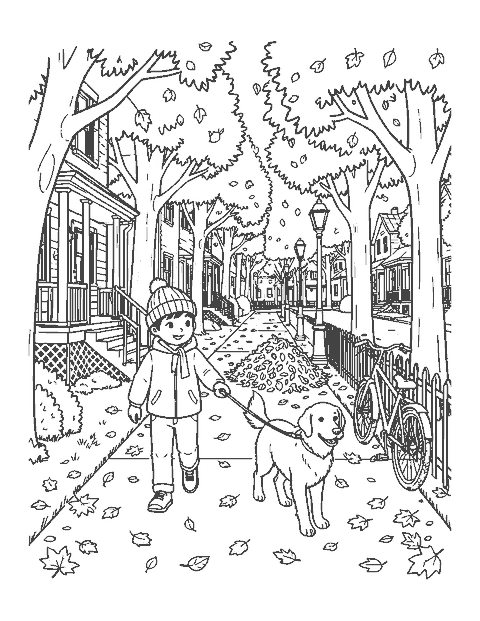 Line drawing of a boy walking a golden retriever along a leafy autumn sidewalk
