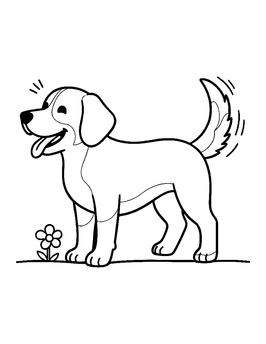 Line drawing of a happy floppy-eared dog wagging its tail beside a flower