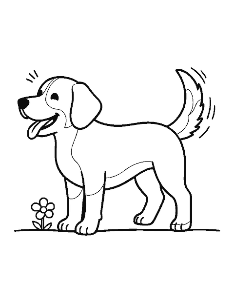 Line drawing of a happy floppy-eared dog wagging its tail beside a flower