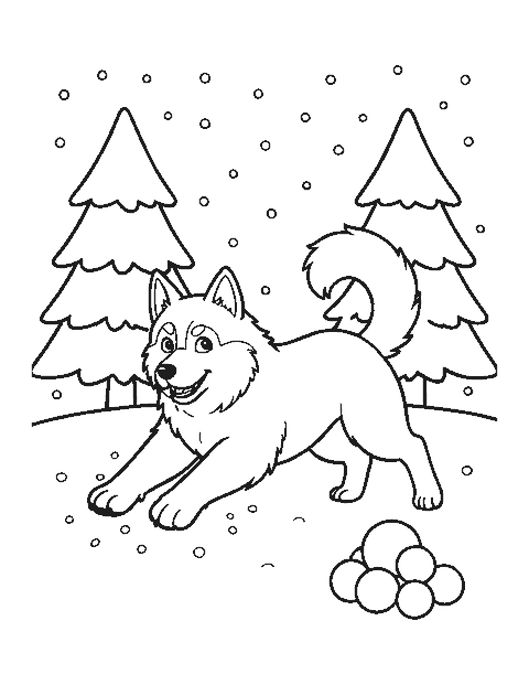 Line drawing of a husky pouncing into snow between two pine trees with snowflakes falling