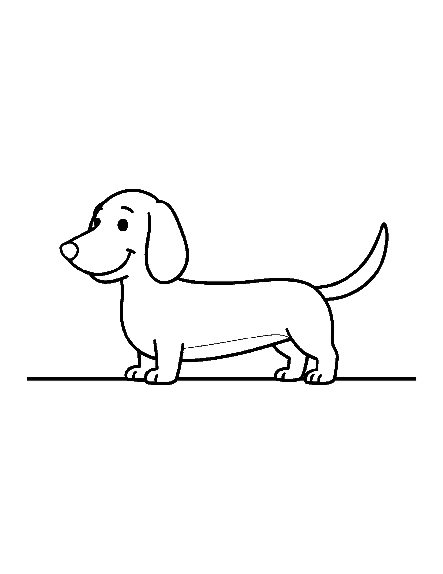 Line drawing of a long dachshund with short legs and floppy ears standing side-on