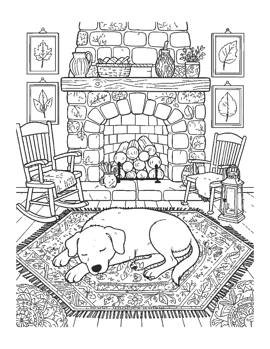 Line drawing of an old dog sleeping on a patterned rug in front of a stone fireplace