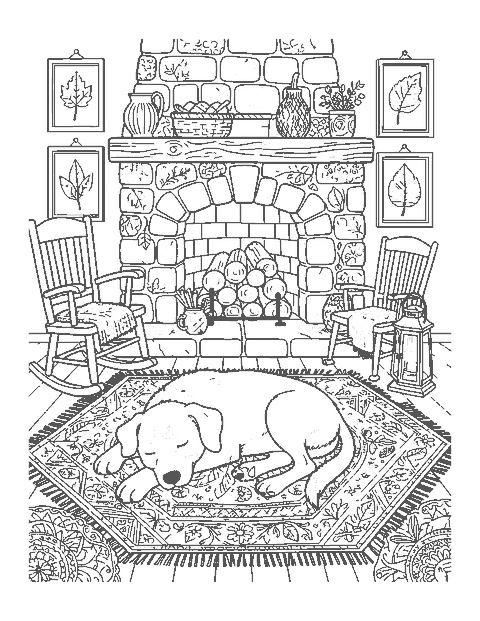 Line drawing of an old dog sleeping on a patterned rug in front of a stone fireplace