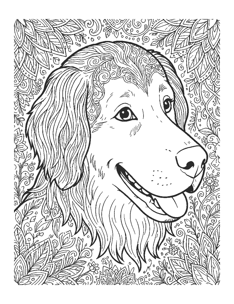 Line drawing of a realistic golden retriever's head with wavy ear fur and a gentle smile