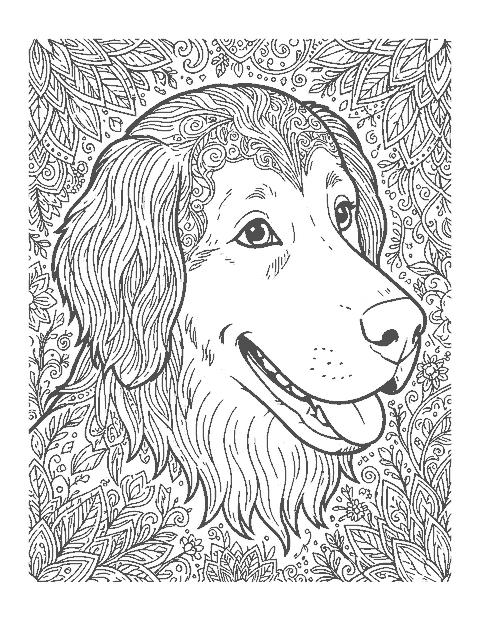Line drawing of a realistic golden retriever's head with wavy ear fur and a gentle smile
