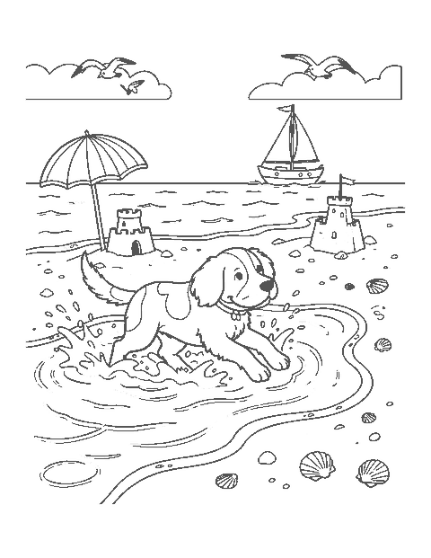 Line drawing of a spaniel splashing in shallow waves near a sandcastle and beach umbrella