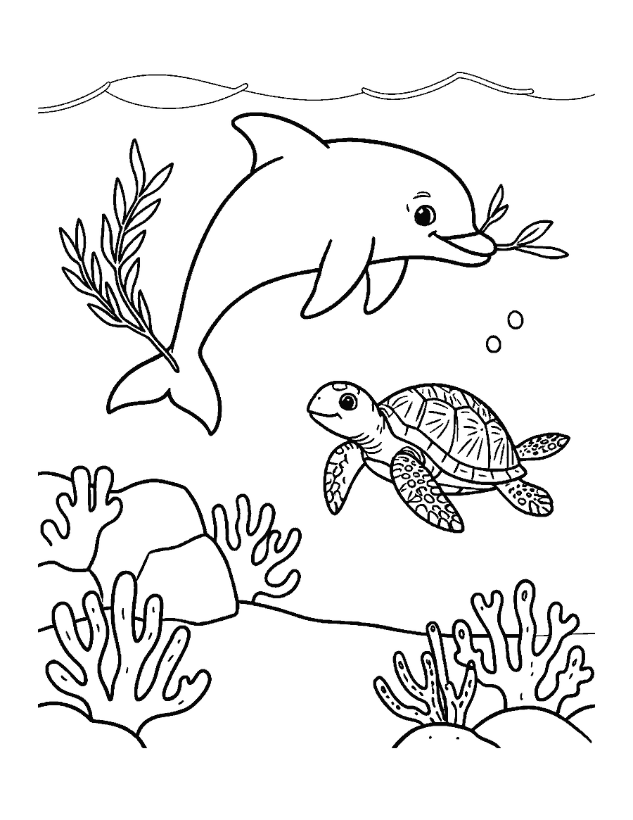 Line drawing of a dolphin playing with seaweed as a sea turtle swims by