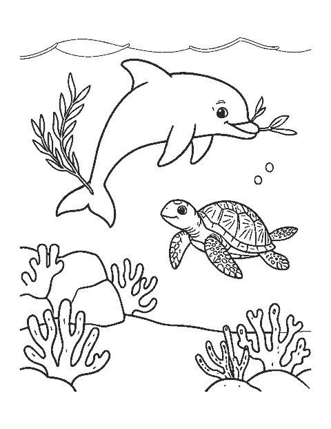 Line drawing of a dolphin playing with seaweed as a sea turtle swims by