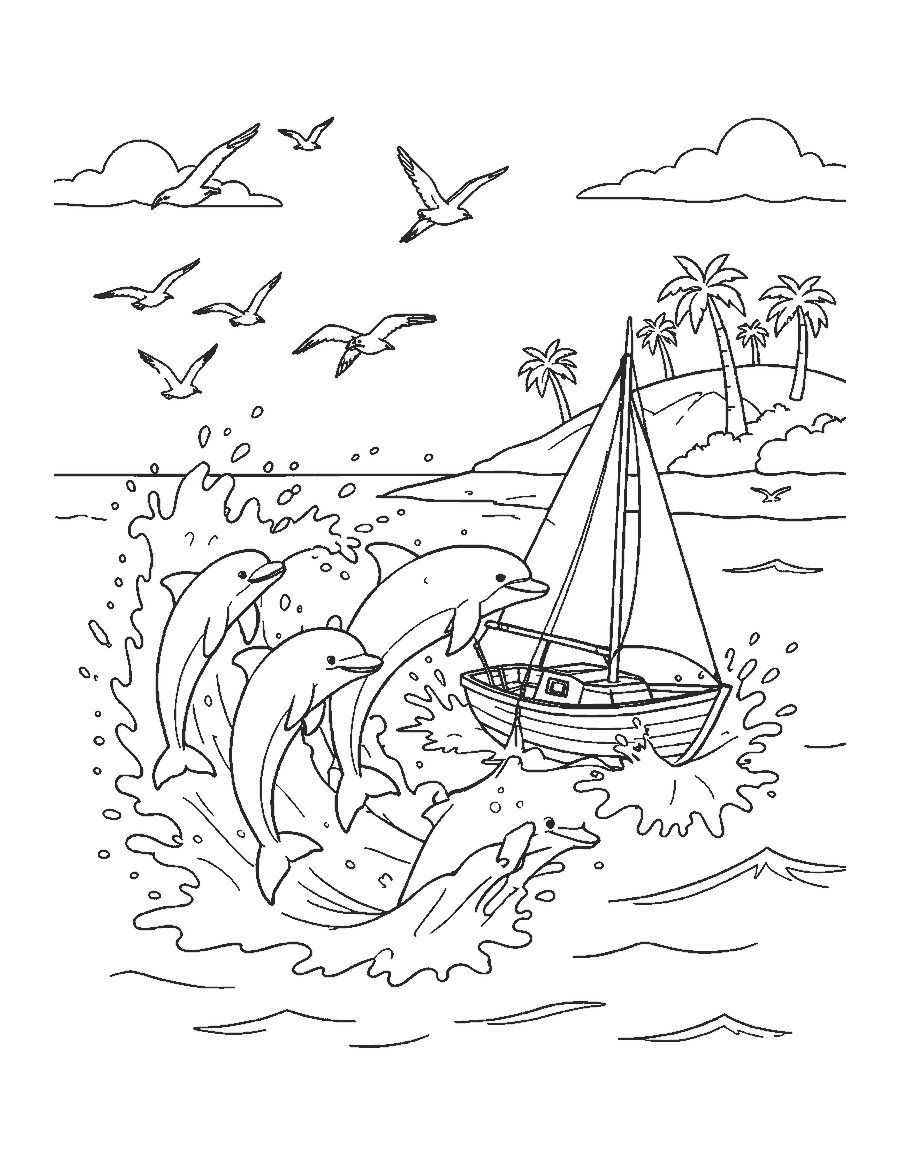 Line drawing of five dolphins leaping beside a sailboat near a palm tree island
