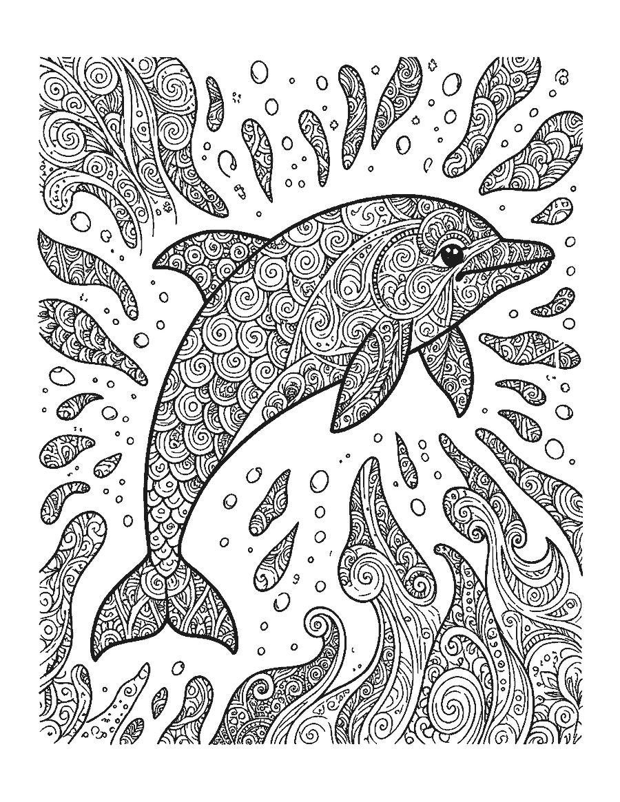 Line drawing of a leaping dolphin filled with doodle swirls and wave patterns