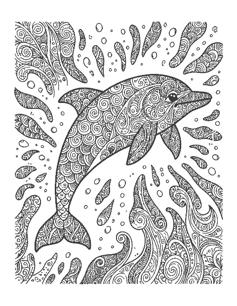 Line drawing of a leaping dolphin filled with doodle swirls and wave patterns