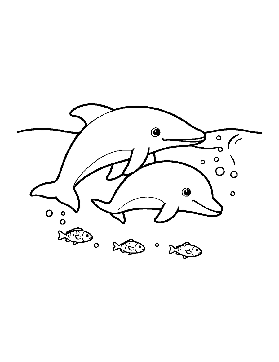 Line drawing of a mother dolphin and her calf swimming side by side