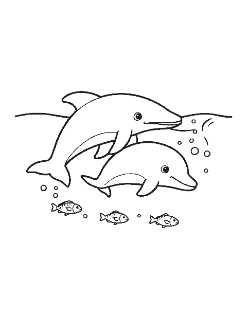 Line drawing of a mother dolphin and her calf swimming side by side