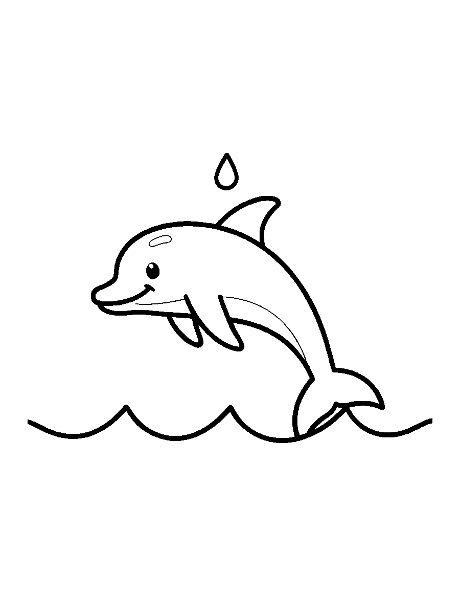 Line drawing of a smiling dolphin jumping out of a wave