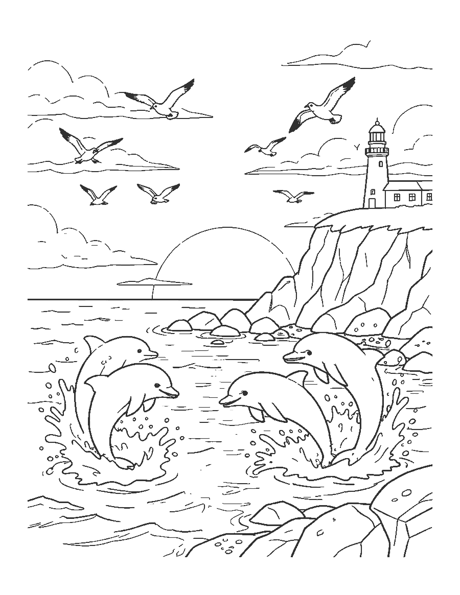 Line drawing of spinner dolphins leaping at sunset near a lighthouse on a cliff