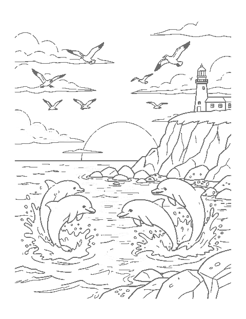 Line drawing of spinner dolphins leaping at sunset near a lighthouse on a cliff
