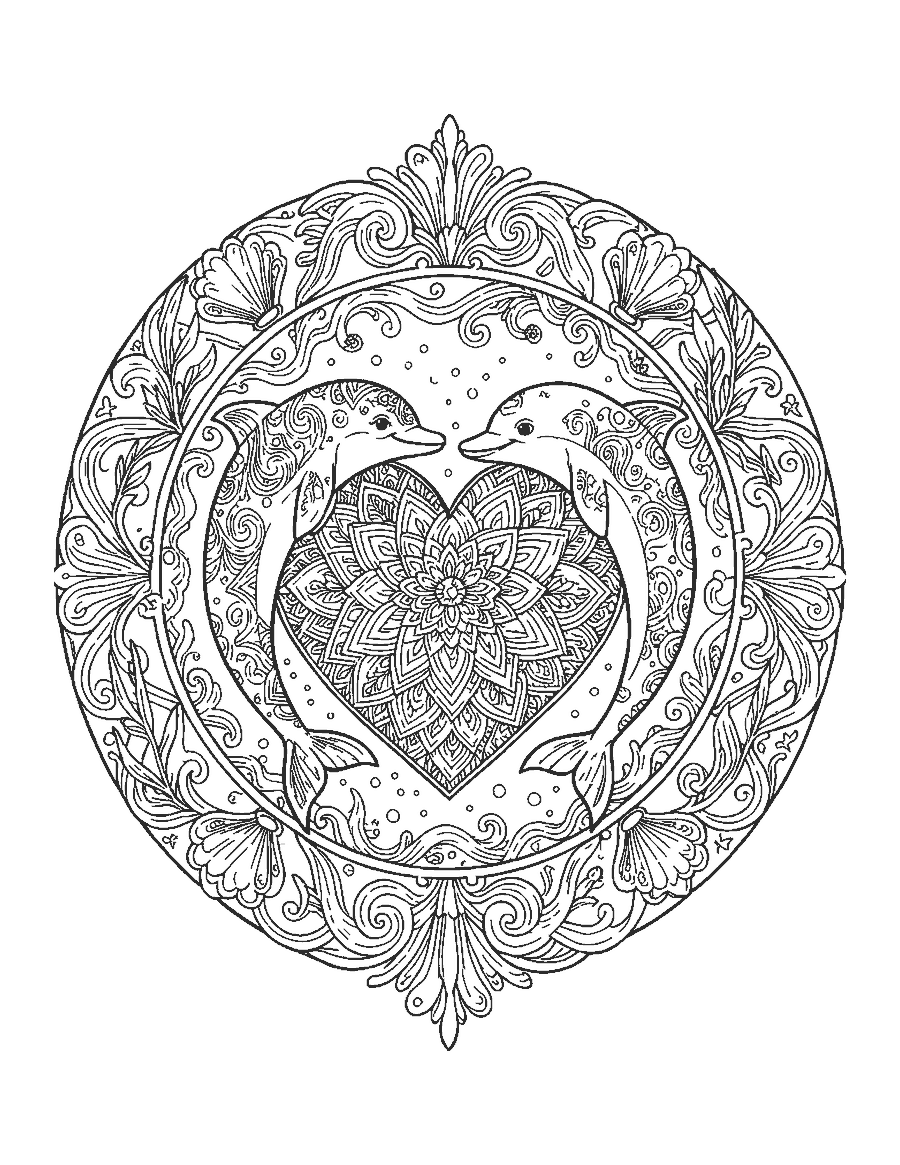 Line drawing of two dolphins forming a heart filled with mandala patterns