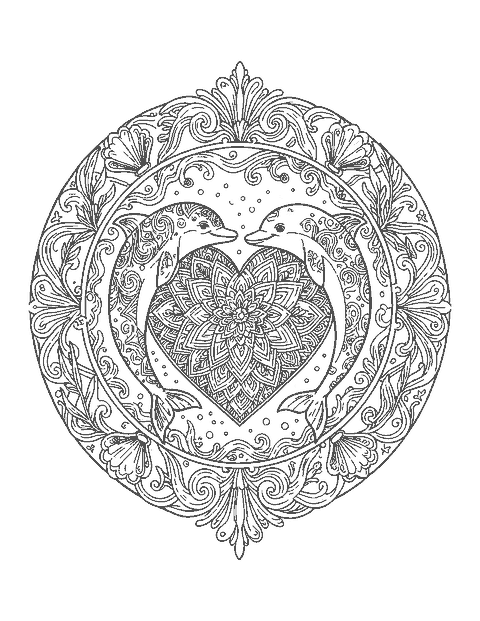 Line drawing of two dolphins forming a heart filled with mandala patterns