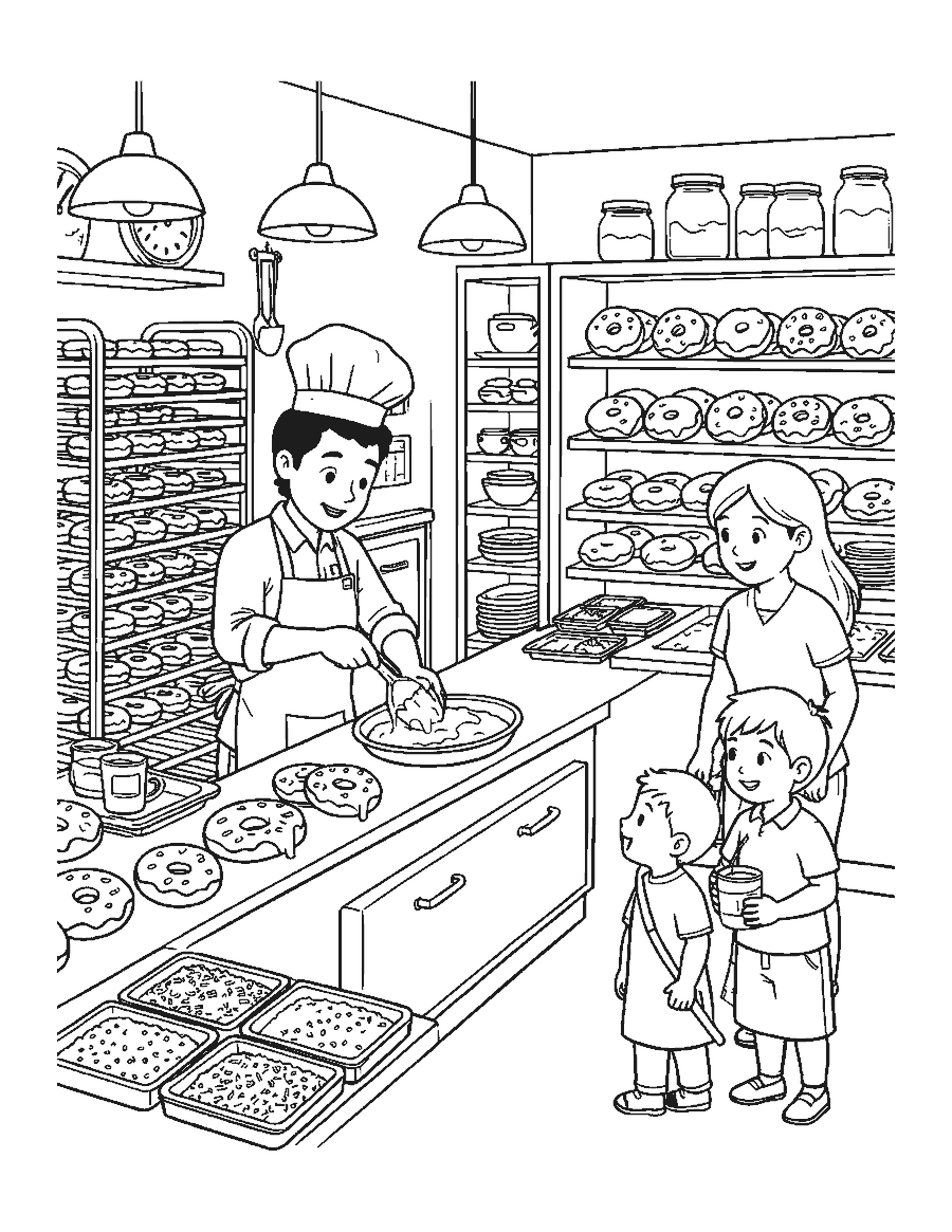 Line drawing of a baker dipping donuts in glaze in a bakery with a parent and child watching