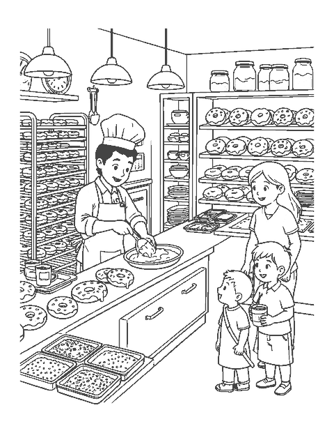 Line drawing of a baker dipping donuts in glaze in a bakery with a parent and child watching