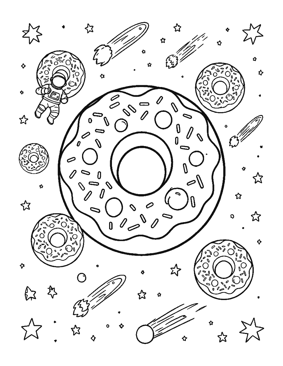 Line drawing of a donut planet with sprinkle craters, donut moons and a floating astronaut