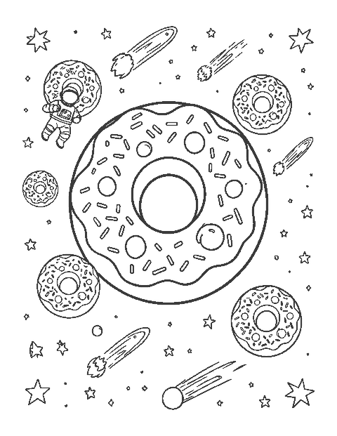 Line drawing of a donut planet with sprinkle craters, donut moons and a floating astronaut