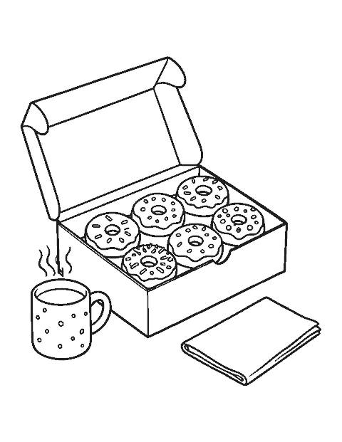 Line drawing of six donuts in an open bakery box beside a steaming mug of cocoa