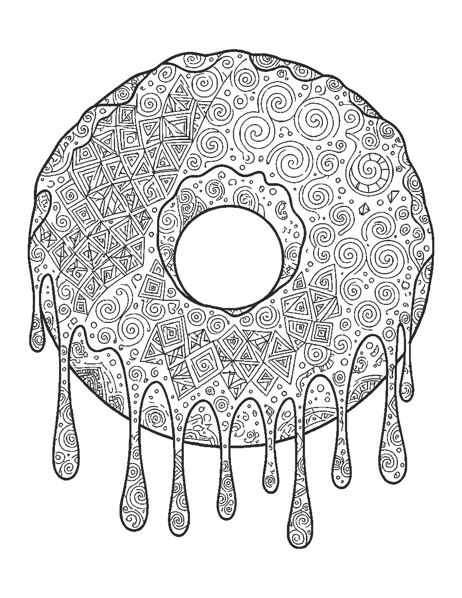 Line drawing of a giant donut with doodle patterns in the glaze and dough