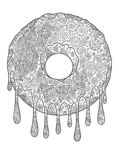 Line drawing of a giant donut with doodle patterns in the glaze and dough