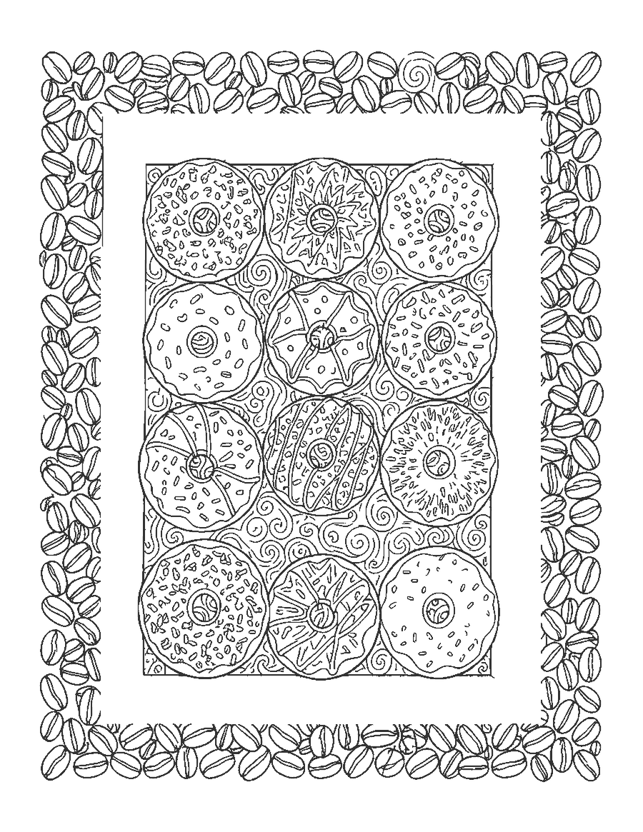 Line drawing of a dozen detailed donuts in a box inside a border of coffee beans