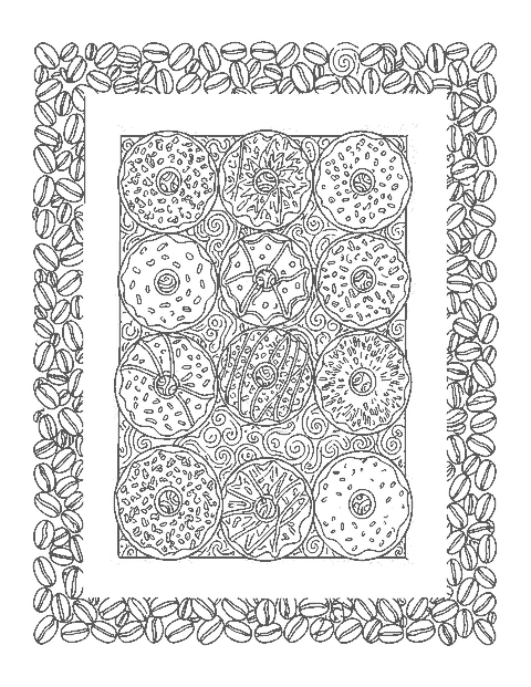 Line drawing of a dozen detailed donuts in a box inside a border of coffee beans