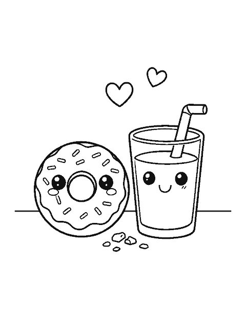 Line drawing of a cute smiling donut and glass of milk side by side with hearts above