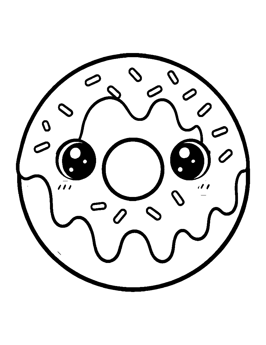 Line drawing of a cute donut with drippy frosting, sprinkles and a smiling face