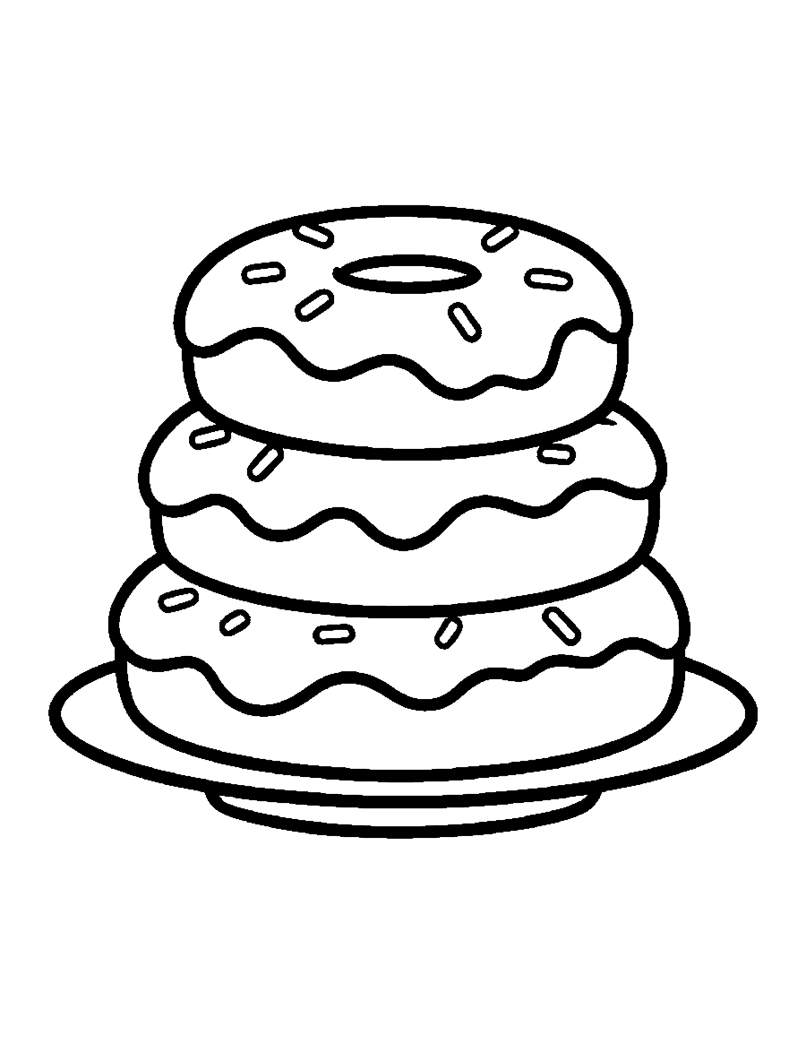 Line drawing of three glazed donuts stacked on a small plate