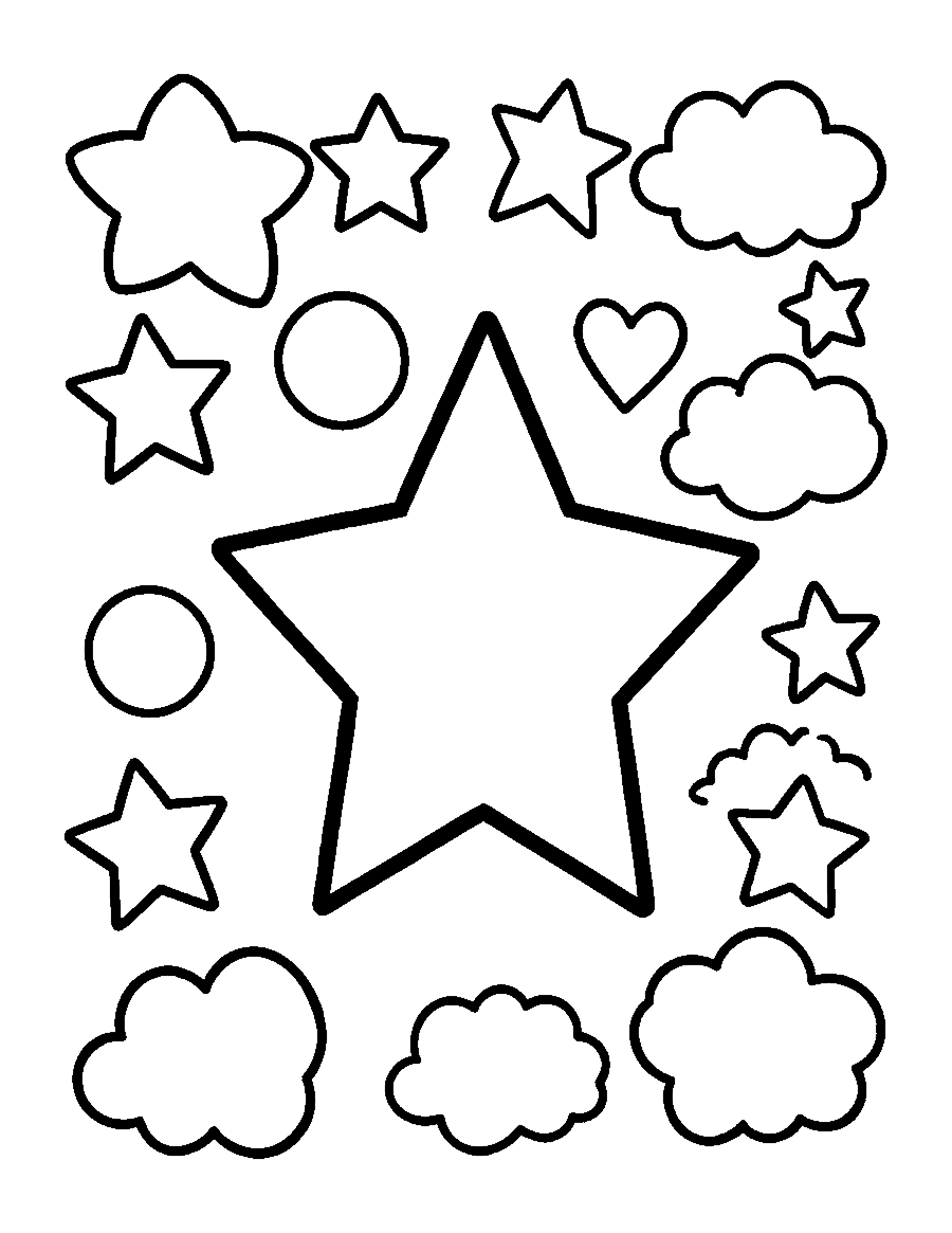 Line drawing of big doodled stars, hearts, circles and clouds with thick outlines