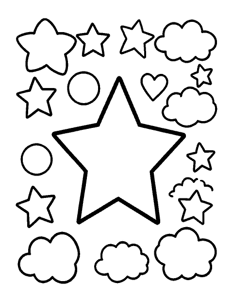 Line drawing of big doodled stars, hearts, circles and clouds with thick outlines