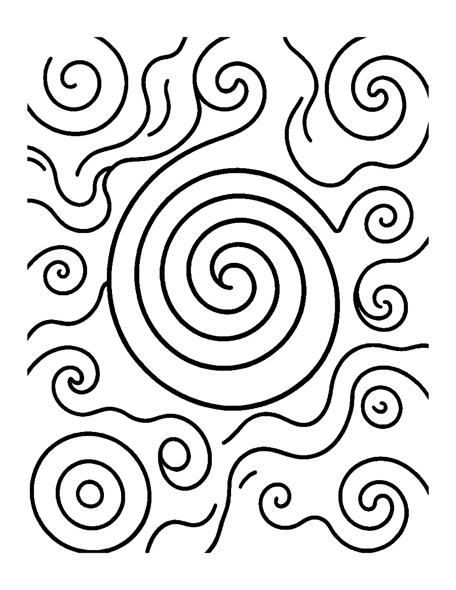 Line drawing of large swirls, wavy lines and loops making big open areas