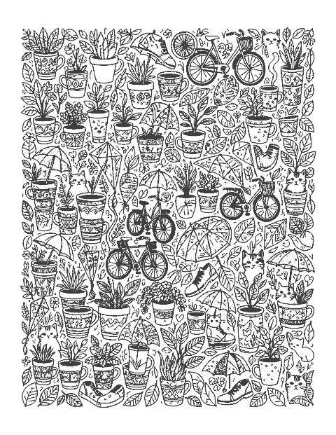 Line drawing of a dense doodle collage of cups, plants, bikes, cats and umbrellas
